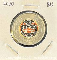 Obverse view of 2020 colour Bill Reid $2 coin in 2x2 holder