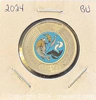 Obverse view of coin in holder showing coloured Inuit Nunangat design