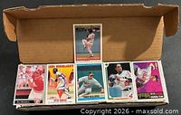 Front faces of sample MLB cards arranged on top of box