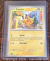 Front of Pikachu card in sleeve showing artwork and stats