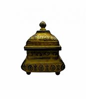 Front view of square gold-tone ornate metal trinket box with domed lid and finial