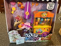 Front of sealed Wild Manes Dolly's Surf & Smoothies playset box showing horse, cart and accessories