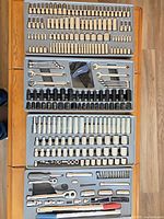 All four molded trays showing complete 300+ piece Mastercraft socket set with sockets, wrenches, bits and accessories