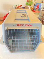 Front view showing metal grid door, Pet Taxi branding, top carry handle