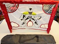 Front view of Winnwell mini hockey net with goalie graphic