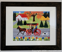 Full view of framed Maud Lewis print in wood frame