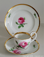 Cup, saucer, and plate showing rose motif and gold rims