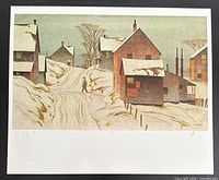 Full view of unframed lithograph showing winter village scene