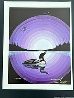 Full view of print with white border showing loon, concentric purple rings, title and signature