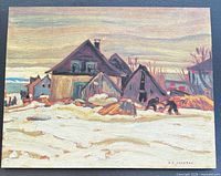 Front view of textured lithograph panel depicting winter village