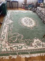 Full view of wool area rug in room setting showing overall design, size and fringe
