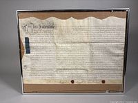 Full view of framed replica 1753 British indenture land title