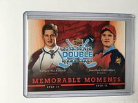 Front of card showing MacKinnon and Huberdeau with 2013-14 NHL Double Rookie Class text