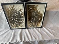 Both framed leaf prints front view on table
