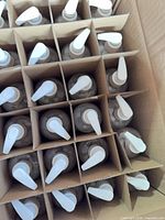 Top view of the box showing 24 pump bottles arranged in cardboard dividers