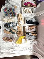Full lot view including boxed heels and bagged sandals
