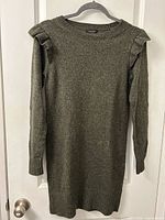 Full front view of olive knit sweater dress on hanger
