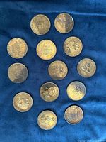 Group shot of all 13 medallions on blue background