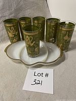 All six tumblers arranged behind Fire-King divided dish