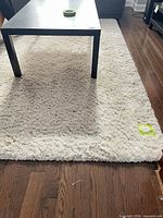 Full view of cream shag rug under coffee table
