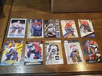 Top view of all ten Patrick Roy hockey cards laid out in two rows