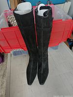 Both boots upright front view showing suede texture and shape