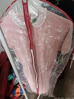 Dress in protective plastic bag front view