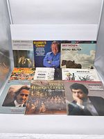 Eight LP jackets on display: Ashkenazy/Harasiewicz, Harry’s Choice, Beethoven/Bruno Walter, Segovia, Maurice André, Festival of Baroque Concertos, classical portrait, others