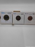 Front view of all three coins in holders labeled Jamaica 2018, Nepal 2022, Brazil 2001