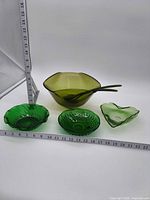 Full set: large bowl, two spoons, two hobnail bowls, heart dish with ruler for scale