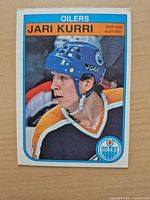 Front of Jari Kurri 1981-82 O-Pee-Chee card showing player portrait, Oilers logo, card edges and corners