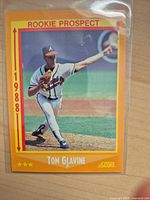 Front view of the 1988 Score Tom Glavine rookie card in sleeve