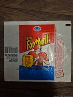 Front view of 1980s Topps Football wax pack wrapper showing graphics and text