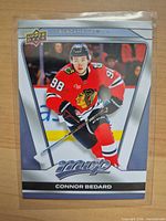 Front of Connor Bedard Upper Deck MVP card in sleeve