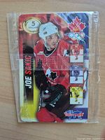 Front of sealed Valu-net $5 phone card displaying Joe Sakic artwork and denomination
