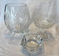 Group shot showing all three crystal pieces: rose bowl, comport, ashtray