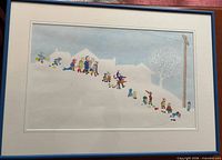 framed signed watercolor showing children sledding on snowy hill, white mat, blue frame