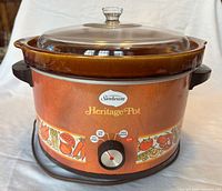 Front view showing Sunbeam Heritage Pot with control knob and graphics