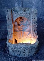 Front view of King Tut fountain illuminated