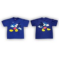 Front and back view of blue Mickey Mouse graphic T-shirt
