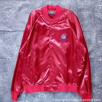 Full front view of red satin bomber jacket showing overall design and condition