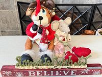 Front view of all items: reindeer, mouse, gnome, BELIEVE block sign, Surrounded With Joy cut-out