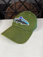 Front view of green Patagonia trucker hat with Fitz Roy Trout patch