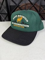 Three-quarter front view showing green crown, black bill, embroidered Rocky Mountain Elk Foundation Committee logo