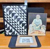 Overview of three pictures: framed abstract print, advertising illustration, small matted print