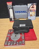Group shot of all six items including Dremel case, flex shaft box, Reed thermometer, Craftsman cases, ColdHeat case