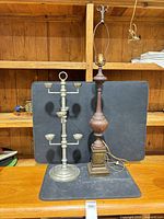 Wood lamp and metal candelabra full view