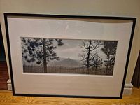 front view of framed landscape print within black frame and white mat