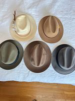 Top view of five felt fedoras showing colours and hatbands