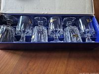 Six stemmed tumblers in original blue box
